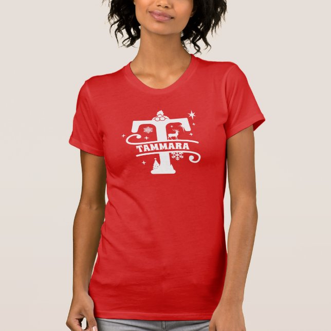 T-shirt Lettre T Noël Monogramme Nom initial Rouge (Devant)
