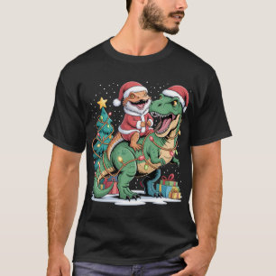 T-shirt Lézard Santa monte un Dino vert à Noël