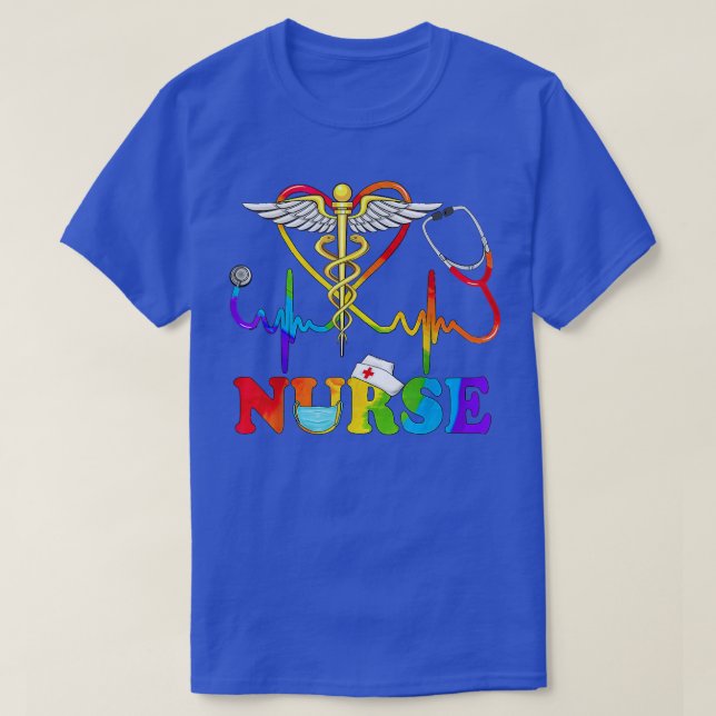 T-shirt LGBT Hearbeat Stethoscope Caduceus Nurse Rainbow F (Design devant)