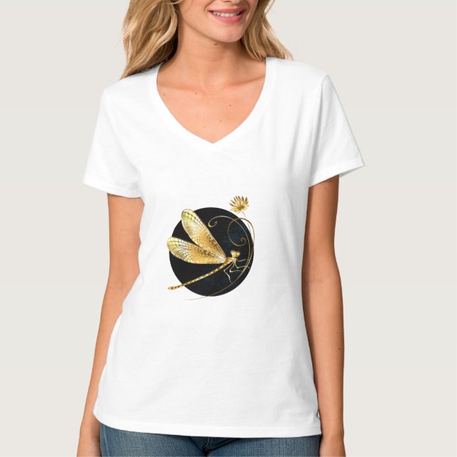 T-shirt libellule d'or en cercle noir (Devant)