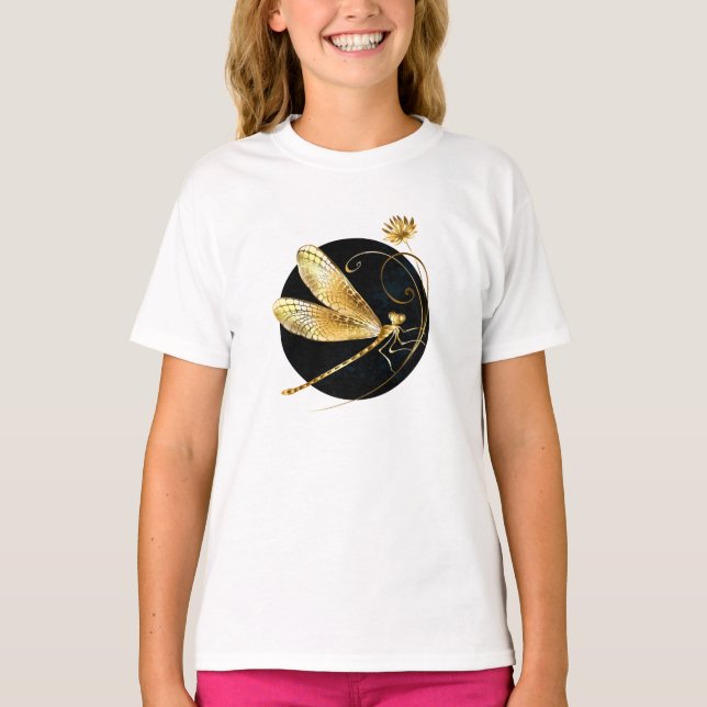 T-shirt libellule d'or en cercle noir (Devant)