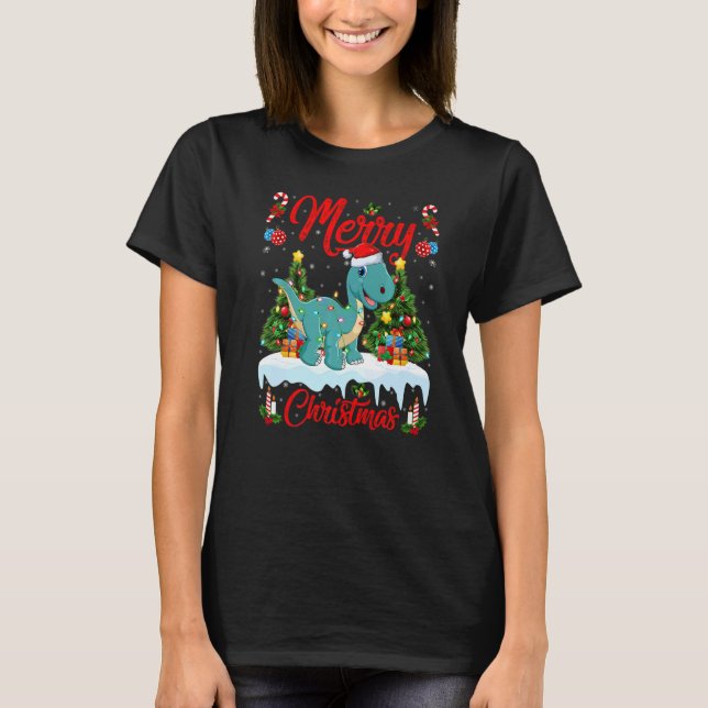 T-shirt Lights Xmas Tree Santa Brontosaurus Dinosaur Chris (Devant)