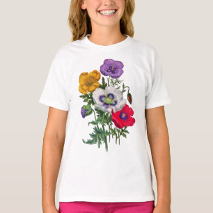 T-shirt Lilac Rouge Blanc Jaune Poppies & Feuilles verts