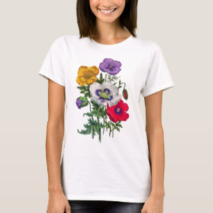 T-shirt Lilac Rouge Blanc Jaune Poppies & Feuilles verts