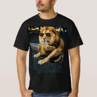Lion avec lunettes de soleil buvant du café glacé