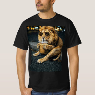 T-shirt Lion avec lunettes de soleil buvant du café glacé