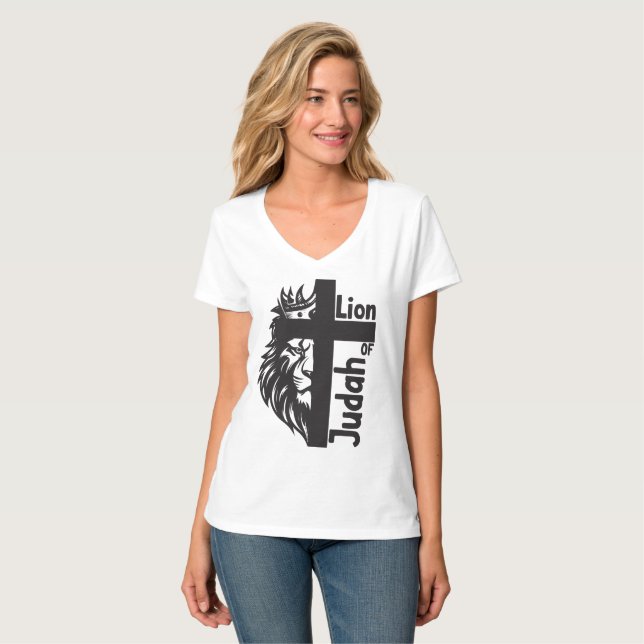 T-shirt Lion de Juda Bold Demi Lion demi-Croix chrétien (Devant entier)