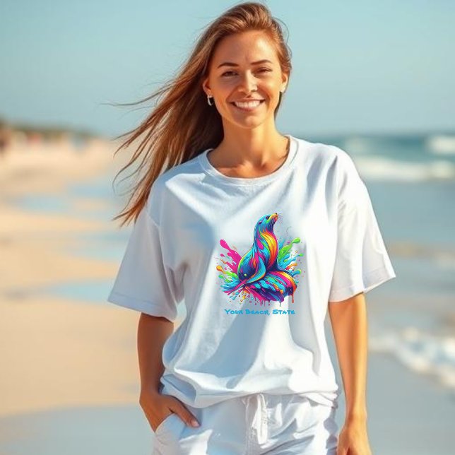 T-shirt Lion de mer coloré - (Colorful Sea Lion Splash-Fisherman Core-Dopamine Dressing-Beach T shirt-Summer T shirt)