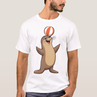 T-shirt Lion de mer de dessin animé joueur avec ballon de