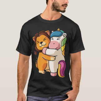 T-shirt Lion embrassant une licorne Câlin Animaux rétro