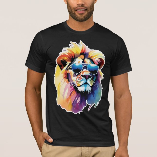 T-shirt lion portant des lunettes aquarelle (Devant)