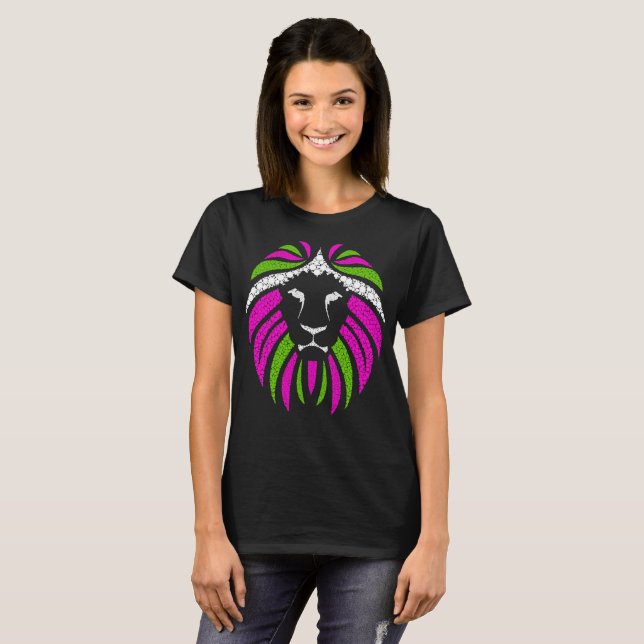T-shirt Lion rose et vert (chemise noire) (Devant entier)