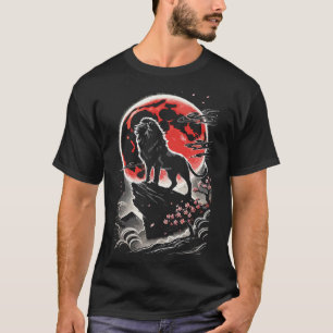 T-shirt Lion sous Lune Rouge, Style de Tatouage Néo-Japona