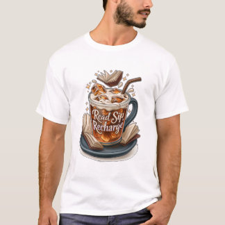 T-shirt Lire, siroter, recharger Café glacé et livres