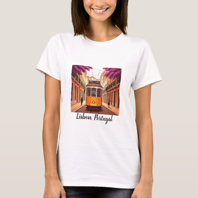 T-shirt Lisbonne Portugal Tramway jaune Fleurs violettes (Devant)