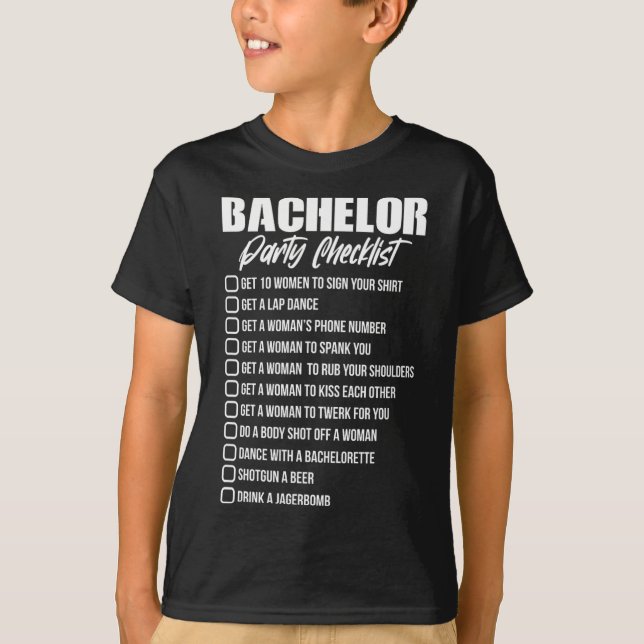 T-shirt Liste de contrôle de la fête de baccalauréat Groom (Devant)