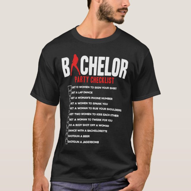 T-shirt Liste de contrôle pour l'enterrement de vie de gar (Devant)