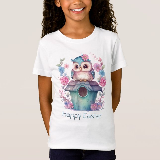 T-Shirt Little Aqua et Gold Owl Joyeux Pâques (Devant)
