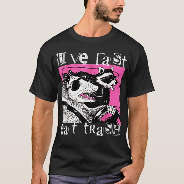 T-shirt Live Fast Eat Trash Tee Drôle Possum Racoon Retro (Devant)