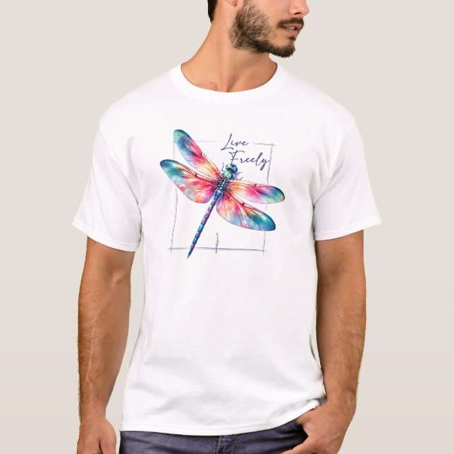T-shirt Live Freely - Dragonfly Colorful Inspirational (Devant)
