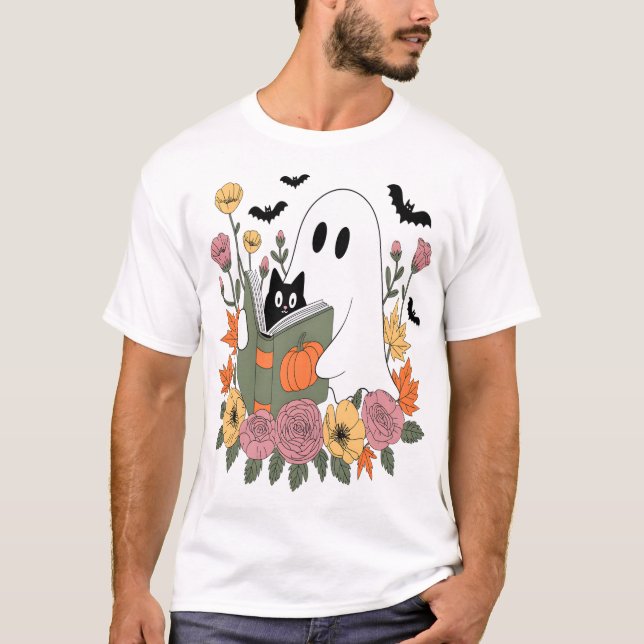 T-shirt Livre de lecture de fantôme d'Halloween Chat (Devant)