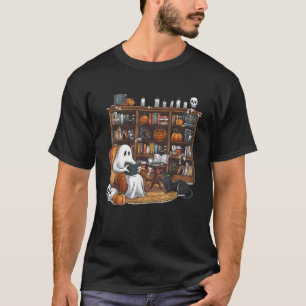 T-shirt Livres de lecture sur Fantôme mignon avec Chat noi