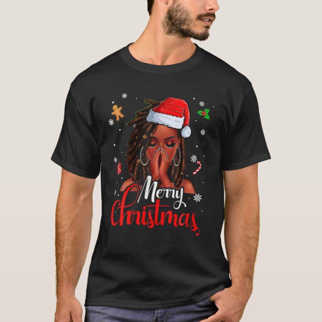 T-shirt Loc'd Hair Black Woman Joyeux Noël Santa Hat X (Devant)