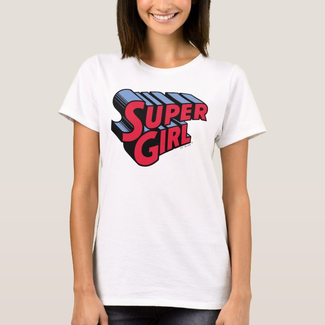 T-shirt Logo du nom empilé de la superfille rouge et bleue (Devant)