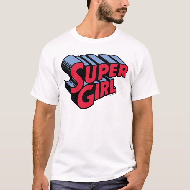 T-shirt Logo du nom empilé de la superfille rouge et bleue (Devant)
