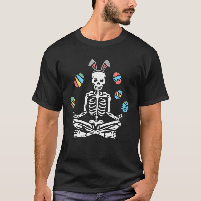 T-shirt Lotus Skeleton Bunny Ears Eggs  Yoga Happy Easter  (Devant)