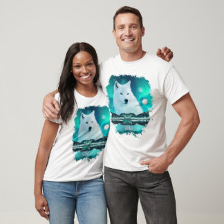 T-shirt Loup arctique et nuit magique avec aurores boréale