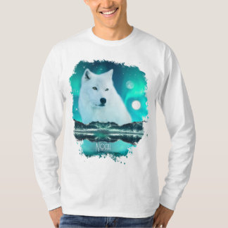 T-shirt Loup arctique et nuit magique avec aurores boréale