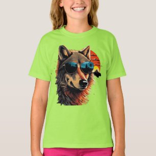 T-shirt Loup chien avec lunettes de soleil dans le coucher