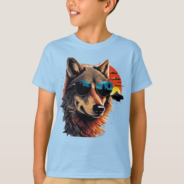 T-shirt Loup chien avec lunettes de soleil dans le coucher (Devant)
