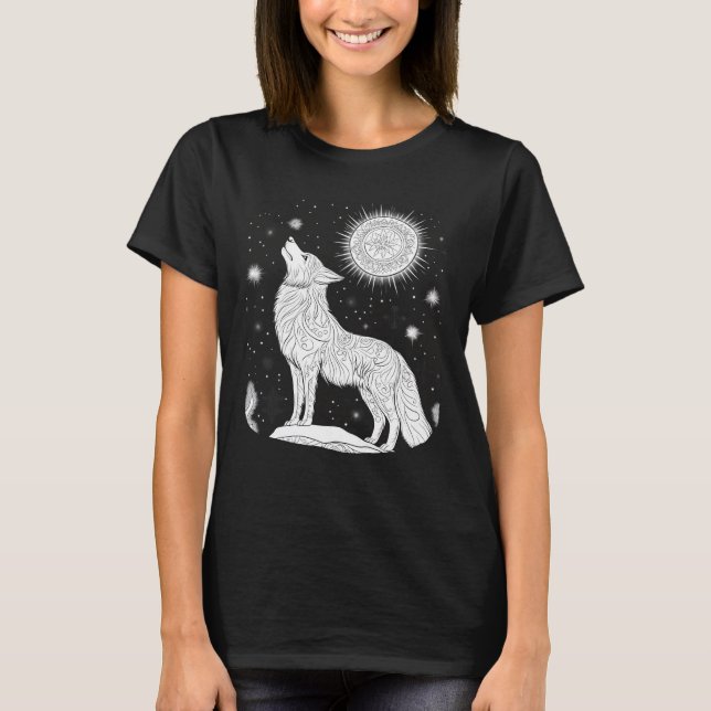 T-shirt Loup de nuit sous ciel étoilé magique (Devant)