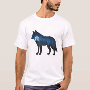 T-shirt Loup en silhouette à double exposition sous la lun