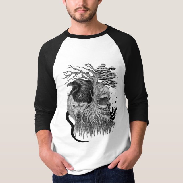 T-shirt Loup et corbeau avec crâne (Devant)