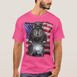 T-shirt Loup Gris Patriote Sur Moto Avec Drapeau Usa