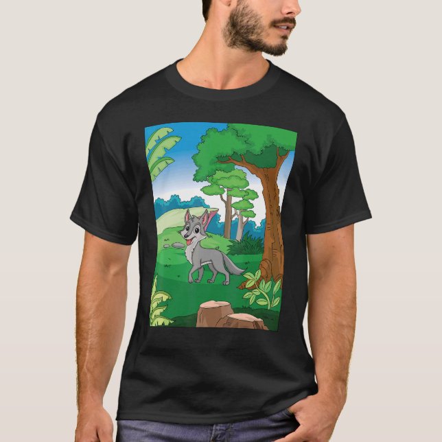 T-shirt Loup Gris Souriant Traversant La Forêt Avec Blu (Devant)