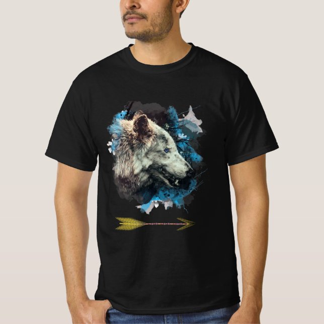 T-shirt *~* Loup gris Totem Bleu Peinture Boho Tribal (Devant)