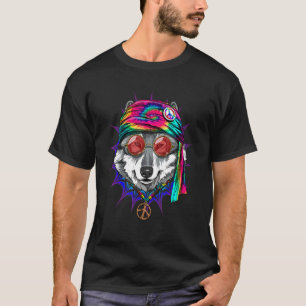 T-shirt Loup Hippie Tie-Dye Animal Signe de Paix Psychédél