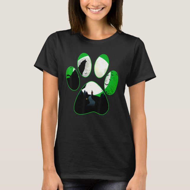T-shirt Loup hurlant à la lune Chien vert Paw Halloween (Devant)
