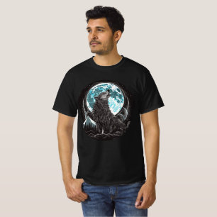 T-shirt Loup hurlant et pleine lune bleue