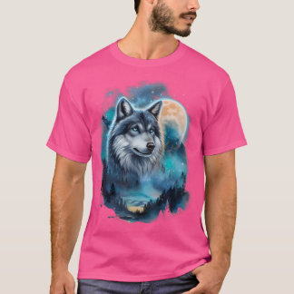 T-shirt Loup majestueux sous ciel de forêt illuminée