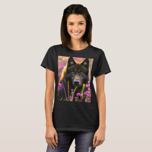 T-shirt loup noir en fleurs roses