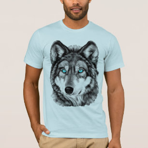 T-shirt Loup peint par gamme de gris aux yeux bleus