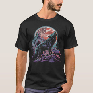 T-shirt Loups 4 juillet Drapeau Américain Loup Hurleur