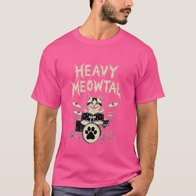 T-shirt Lourde Meowtal Headbanger Gift Drummer Chat Jouer (Devant)