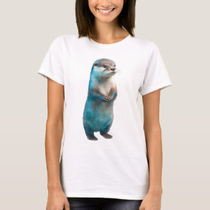 T-shirt Loutre féminine debout en éclaboussure de bleu aqu
