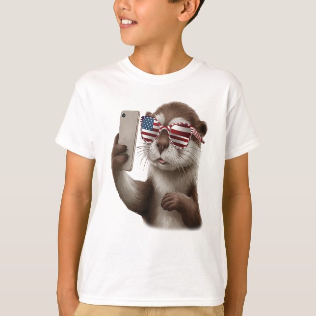 T-shirt loutre mignonne avec lunettes de drapeau américain (Devant)